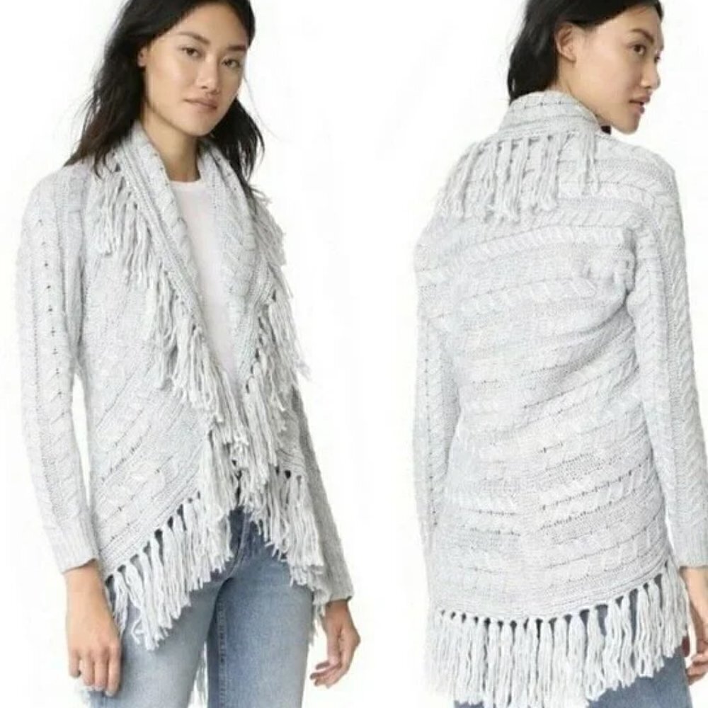 Anthropologie BB Dakota Karli Fringe Cream Long Cable Knit Wool Shawl Cardigan - Picture 4 of 16
